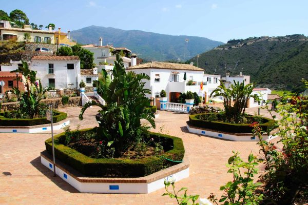 Public gardens, Pueblo Blanco, Benahavis, Costa del Sol, Malaga Province, Andalucia, Spain, Western Europe.