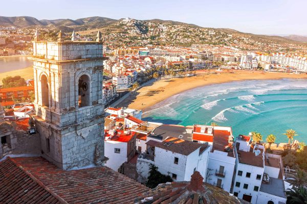 Spain. Valencia,  Peniscola. View of the sea from a height of Pope Luna's Castle. The medieval castle of the Knights Templar on the beach. Beautiful view of the sea and the bay. Mediterranean Sea.