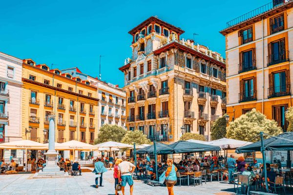 Madrid, Spain - June 05, 2017 : Square Plaza Ramales of Madrid in the downtown of the city with tourists and people.  Madrid-capital of Spain and one of the most beautiful cities in the world.
